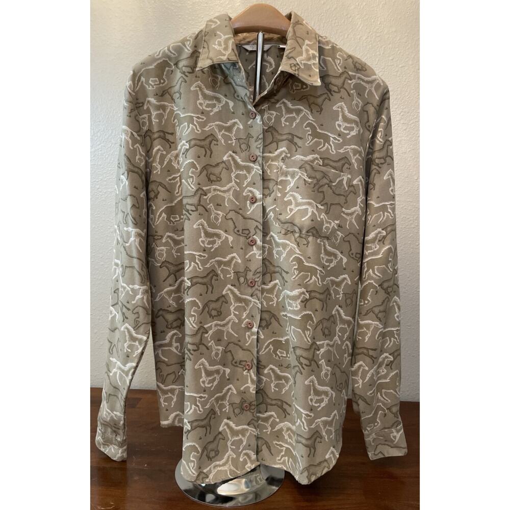 Christopher & Banks blouse Size Small Long Sleeve Tan Brown White w/ Horses